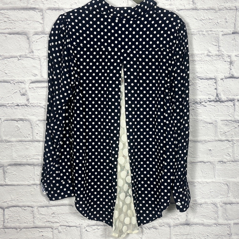 Navy Polka Dot Blouse with Sheer‎ Back Inset - Picture 5 of 10